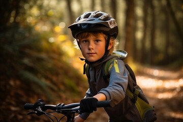 Portrait of little boy with bicycle in autumn forest, outdoor shot