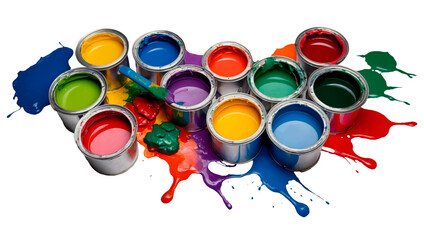 Paint cans and paint splashes isolated 