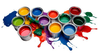 Paint cans and paint splashes isolated 