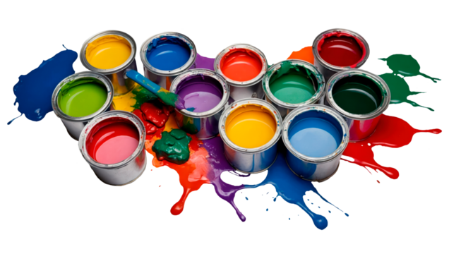 Paint cans and paint splashes isolated 
