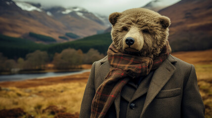 debonair bear in a tweed blazer, accessorized with a tartan scarf and a monocle. Amidst a backdrop of rugged mountains, it exudes outdoorsy elegance and wilderness charm. Mood: rugged and refined. lig
