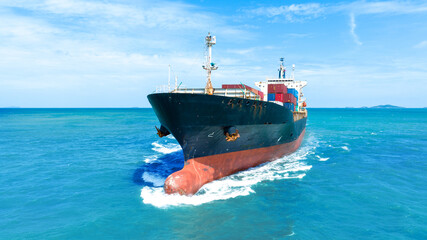 Nose of Container Vessel Ship running in the ocean. Nose cargo ship, bow nose of large vessel..