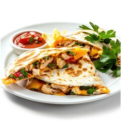 Mexican quesadilla with chicken, tomato, sweet corn, cheese, parsley, and chili sauce served on a white plate, white background, salsa quesadilla