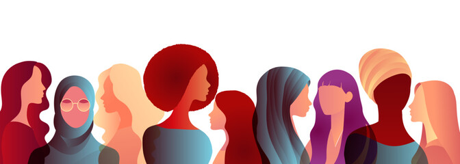 Group silhouette of multicultural business women. International women's day. Equality Diversity - Inclusion - or Empowerment concept. Colleagues or co-workers. Banner copy space