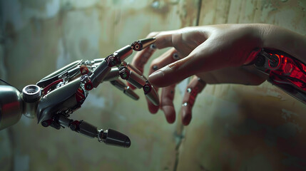 Human hand touching robot hand - obrazy, fototapety, plakaty