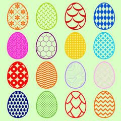 Colorful Easter eggs shapes on a light green background, Happy Easter design elements