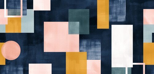 Geometric abstraction with overlapping squares and rectangles in pastel colors on a navy blue background