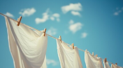 White laundry hanging on a clothesline against a clear blue sky, embodying freshness and cleanliness, perfect for household, lifestyle, and environmental themes.