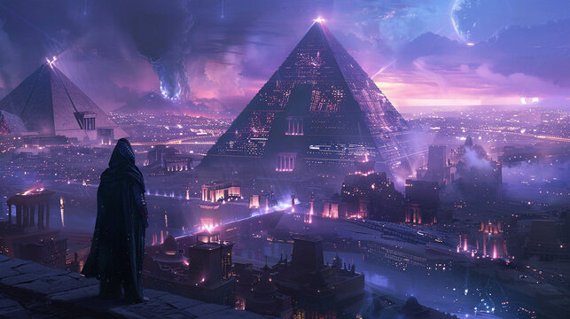 Envision Ancient Egypt revived in a cyberpunk underworld blending history with futuristic rebellion
