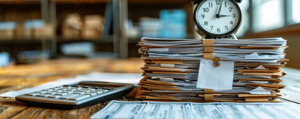 A stack of tax documents tagged with urgent deadlines a calculator and a clock ticking down encapsulating the pressure of tax season - obrazy, fototapety, plakaty