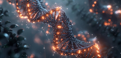 Glowing, plasma-like DNA structure in a futuristic form, set against a grey background