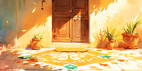 Colorful rangoli pattern adorning a home's entrance. Holiday and cultural concept. Illustration for festive poster, greeting card, postcard or invitation.