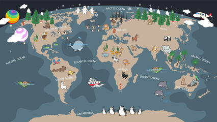 The world map with cartoon animals for kids, nature, discovery and continent name, ocean name, vector Illustration. - obrazy, fototapety, plakaty