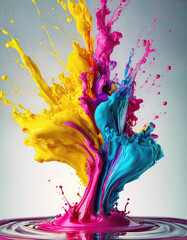 Colorful paint splashes in vibrant pink, yellow, and blue hues, creating a dynamic and abstract art concept.