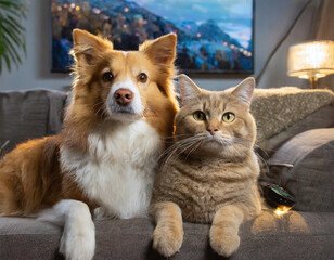 Cat and dog sitting together on a couch with a remote control, looking at the camera with a cozy home background. - 741384312