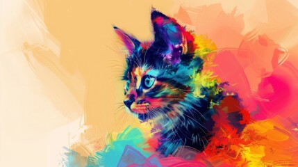 Colorful artistic portrait of a cat against a vibrant abstract background, concept of creativity, pets, and modern art.