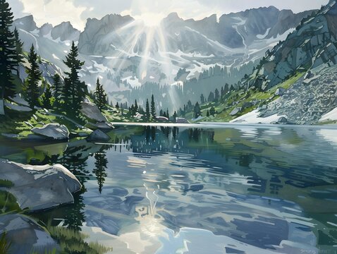 contemporary art, alpine lake, god rays, reflections, greens and blues and gray, action shot