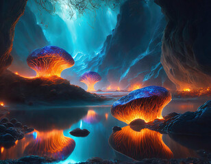 Surreal landscape with glowing mushroom-like formations by a tranquil lake in a mystical cave setting. - 741384501
