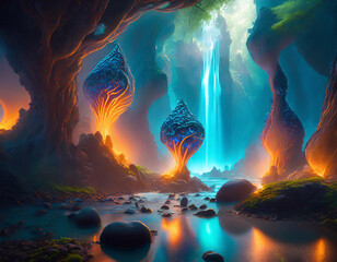 Mystical fantasy landscape with glowing trees, floating islands, and a radiant waterfall under a twilight sky. - 741384540