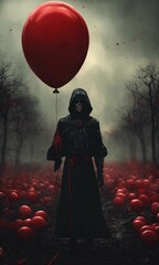 dark aesthetic, A creepy dark humanoid figure, holding a red balloon, scary, eerie, stunning fantasy illustration, dark details, attention to detail, fantasy,