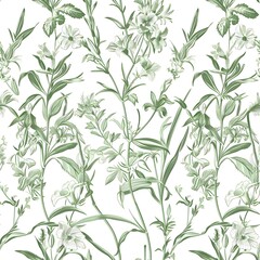 elegant freesia toile de jouy inspired pattern, irish flora and fauna, delf sage green and white, on white background. Seamless Pattern