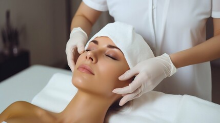 Fototapeta na wymiar a woman is getting a facial treatment at a spa