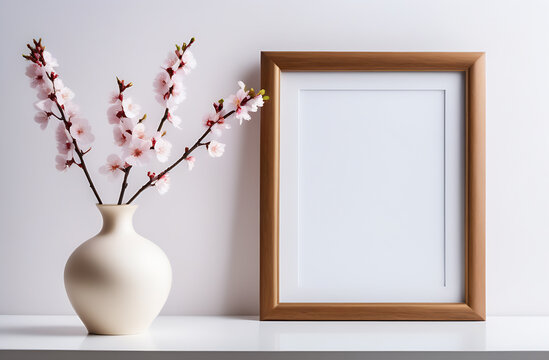 Copy space, home decor, white background photo frame with front blank. Desk with a vase of cherry flowers and a photo frame, minimalism