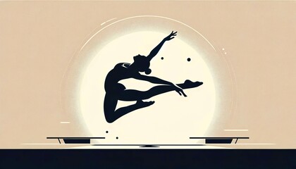 A stylized silhouette of a gymnast leaping gracefully over a balance beam, with a minimalist backdrop that highlights motion and athletic elegance.Sport concept.AI generated.