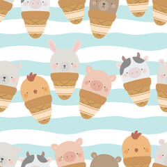 ice cream with cute animals, seamless backgorund vector - 741385345