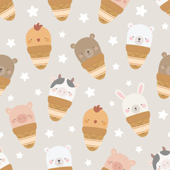ice cream with cute animals, seamless backgorund vector - 741385356