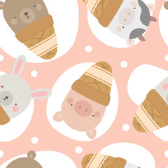 ice cream with cute animals, seamless backgorund vector - 741385379