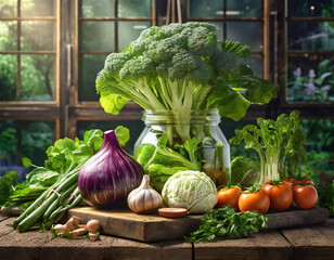 Fresh organic vegetables on a wooden table in a greenhouse with soft lighting. - 741385389