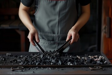 person wearing an apron arranging coals with tongs