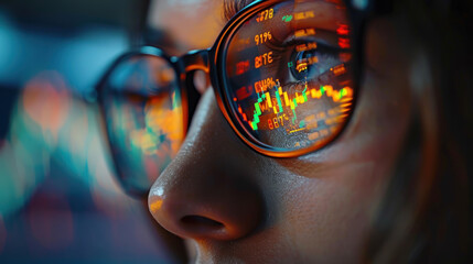 Close-up of a traders hands typing on a laptop with stock exchange graphs reflecting in the glasses symbolizing focused analysis