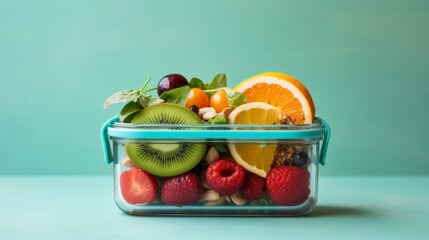 Closeup of fresh strawberries, fruits oranges and kiwis, vegetables tomatoes in a glass container on a turquoise background. Organic, Vegetarian, healthy food, Balanced diet, Healthy lifestyle concept