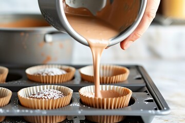 person pouring batter into a cupcake tray - obrazy, fototapety, plakaty