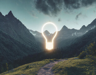 Conceptual image of light bulb over mountain, inspiration symbol - obrazy, fototapety, plakaty