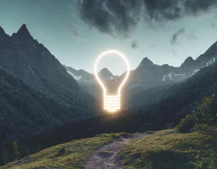 Ingelijste posters Conceptual image of light bulb over mountain, inspiration symbol © Tim Bird