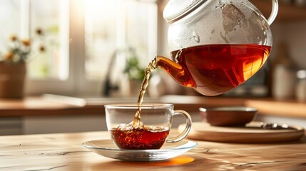 Fresh steaming Rooibos tea poured from teapot to glass cup with bright kitchen background