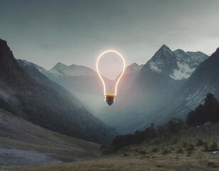 Conceptual image of light bulb over mountain, inspiration symbol - 741385773