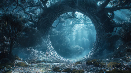 Inside the Elder Willows core where magic and nature converge to create a powerful artifact the last hope to save the forest from being overtaken by futuristic warfare - obrazy, fototapety, plakaty