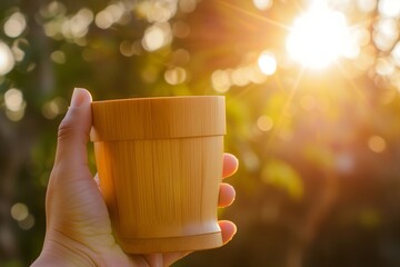 bamboo coffee cup gripped in morning light