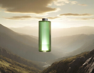 Eco-friendly energy symbolized by charged green battery in mountain scene - 741385974