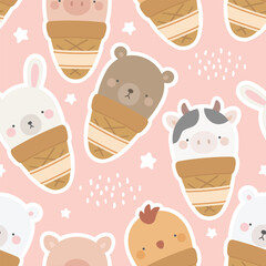 ice cream with cute animals, seamless backgorund vector - 741386162