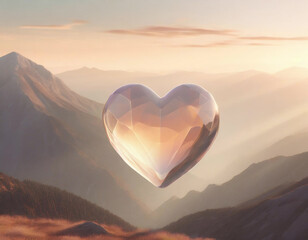 Large clear glass love heart above mountainous landscape - 741386177