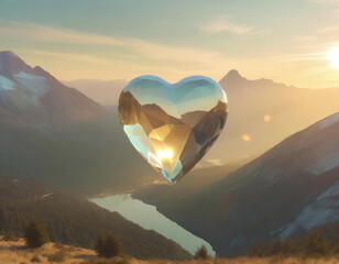 Large clear glass love heart above mountainous landscape - 741386309