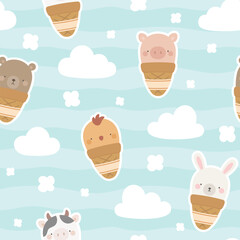 ice cream with cute animals, seamless backgorund vector - 741386348