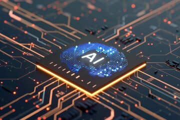 AI Brain Chip mental focus. Artificial Intelligence quantum cascade laser mind ai trustworthiness axon. Semiconductor cpu circuit board digital health - obrazy, fototapety, plakaty