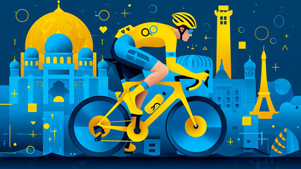 simple line art minimalist collage illustration with professional track racing cyclist on a track bike and Eiffel Tower in the background, olympic games, wide lens