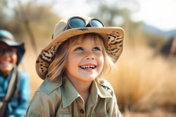 Cute little girl wearing safari hat and sunglasses smiling at camera
